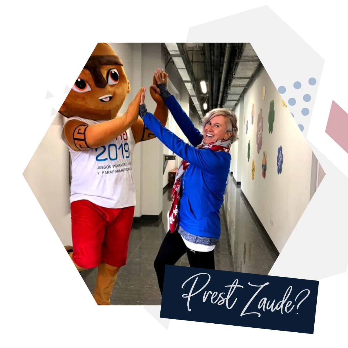 Ready to start Learning? Esther high-fiving the PanAm 2020 Mascot in Peru